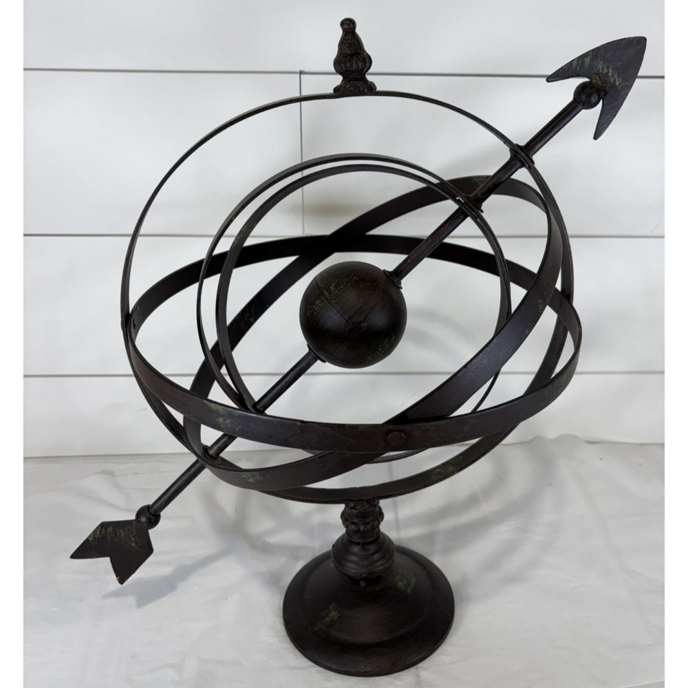 Vintage Drk Brown/Black 18" Metal Armillary Sphere Decor Sculpture w/ Arrow Axis